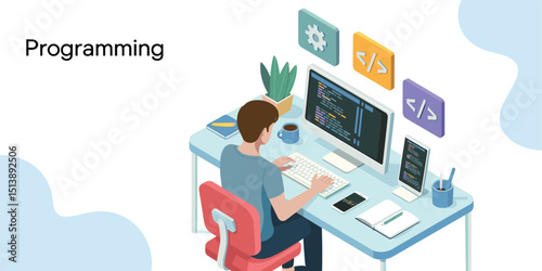 Programmer at Desk Writing Code with Multiple Screens and Developer Tools in Modern Workspace Coding and Software Development Illustration for Adobe Stock Vector Use