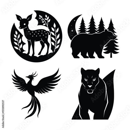 4 animal silhouette dragon dear and bear   on white background