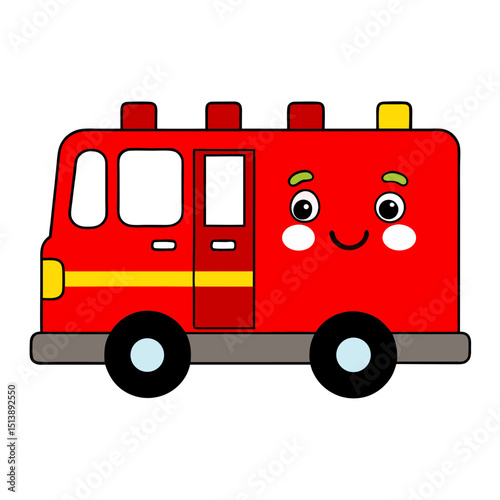 Red Fire Truck with Flashing Lights and Friendly Face Flat vector illustration