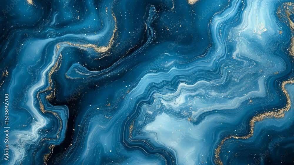 Abstract blue and gold marbled background in fluid art style  