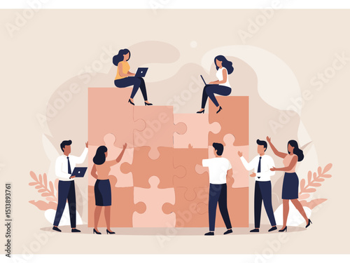 Teamwork and collaboration concept with business people building a large jigsaw puzzle together. Characters working on laptops and fitting puzzle pieces. Flat vector illustration