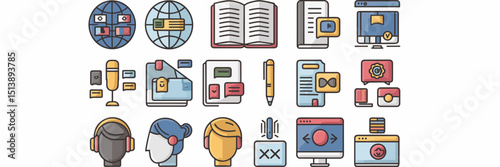 Language learning icon set with globe, book, headphones, and computer – Great for educational content, language learning platforms, or study tools