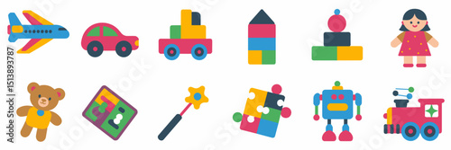 Circular layout of kid toy icons including puzzle, wand, and robot – Suitable for nursery wall art, educational games, or toy catalogues