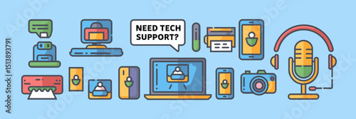 Vector icon sheet of IT support services with speech bubble – Ideal for helpline ads, software assistance materials, or tech team graphics.