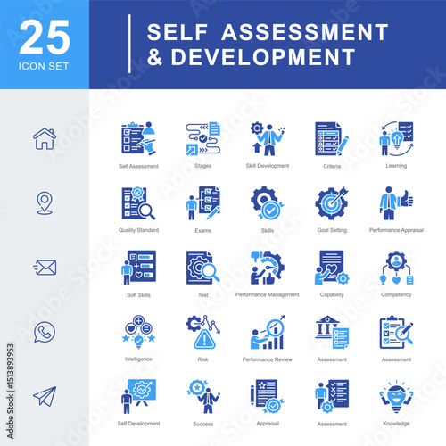 Self Assessment & Development icon set, focused on self-assessment, goal setting, skill growth, soft skills, and personal development to support learning, performance appraisal, and success tracking.