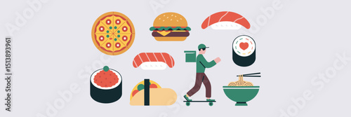 Food delivery icon sheet with pizza, burger, salad, sushi, burrito, cupcake, noodles, and skateboarder – Great for youth-oriented delivery platforms, snack brands, or mobile food services