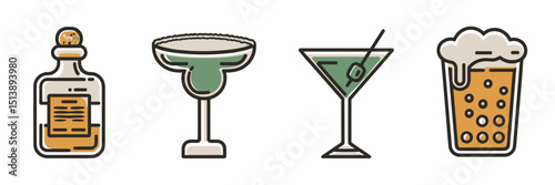 Alcoholic drink icons featuring whiskey, margarita, martini, and beer – Ideal for bar menus, nightlife branding, or liquor-themed promotions
