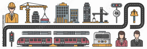 Vector icon sheet of infrastructure elements with workers and transport – Great for construction branding, urban planning materials, or civil engineering presentations.
