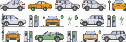 Vector icon sheet of electric vehicles charging at stations – Perfect for sustainability campaigns, EV infrastructure guides, or green energy marketing