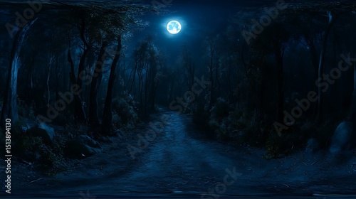 A High Resolution image of 360 degree, dark forest path illuminated by the moon, with ghostly apparitions floating. HDRI spherical panorama.