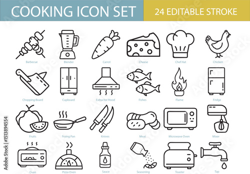 Catering icon set. Containing food service, event planning, dish, table setting, delivery, buffet, fine dining, waiter, tray, food cart, chef and more. Editable line icons. Vector illustration