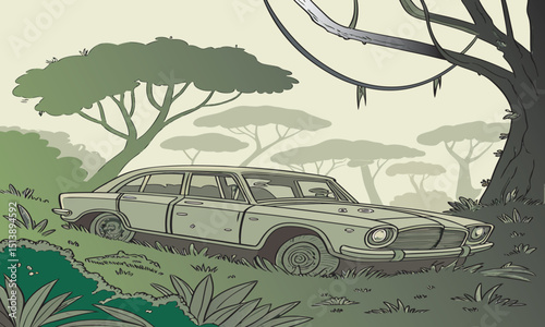 old car in the desert forest vector free download