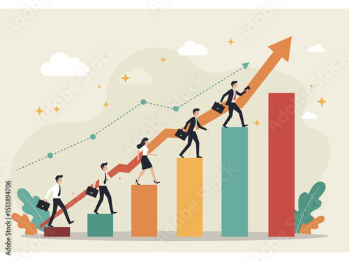 Business development and career growth concept. Business people with briefcases walking up an ascending bar graph arrow. Flat vector illustration