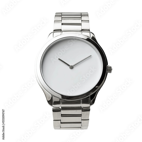 A modern silver wristwatch with a clean, minimalist design. The watch features a white dial and a metallic band, showcasing a sleek and contemporary aesthetic