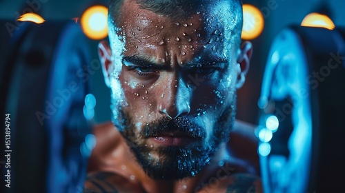 Intense Workout: Close-up of a Sweaty and Determined Bodybuilder Lifting Weights