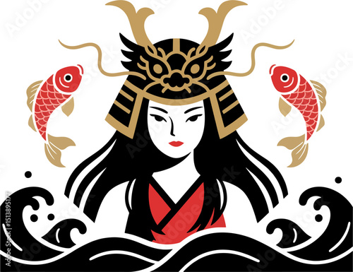 Minimalist Japanese Female Samurai with Golden Dragon Helmet and Koi Fish – Vector Illustration