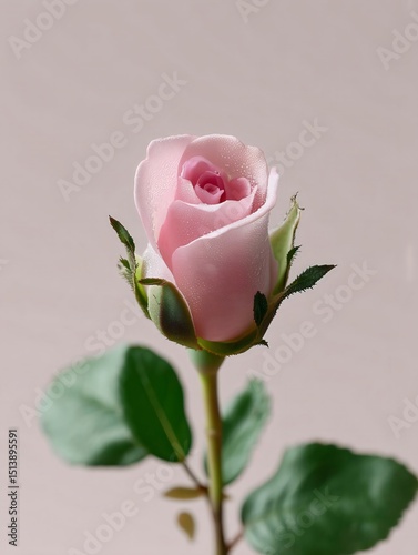 Delicate pastel pink rosebud with dewdrops on petals, soft green leaves, minimal background—ideal for floral or romantic design.
