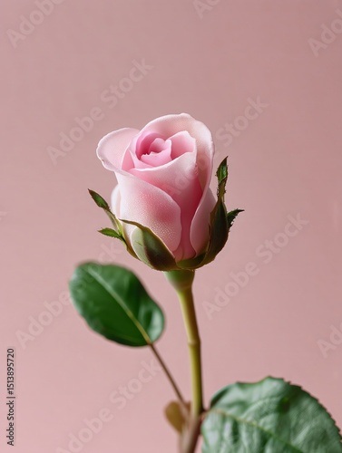 Delicate pastel pink rosebud with dewdrops on petals, soft green leaves, minimal background—ideal for floral or romantic design.