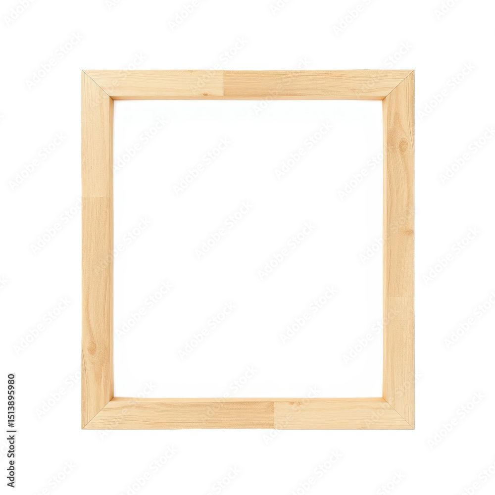 Blank wooden frame on a white background for displaying artwork, photos, or messages in home decor and interior design projects Blank wooden frame on a white background for displaying artwork, photos, or messages in home decor and interior design projects