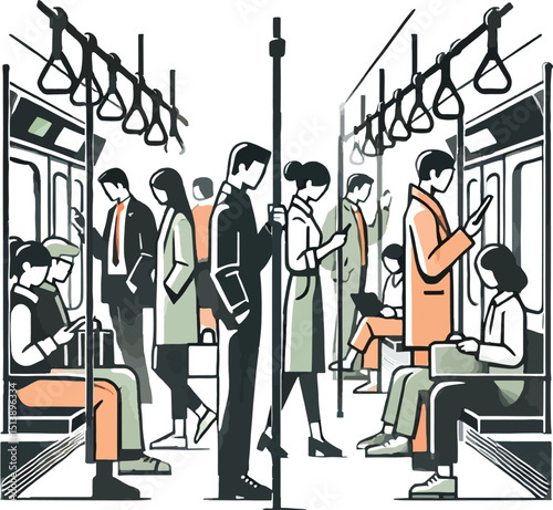 Commuters traveling on a subway train illustrated in a minimalist graphic style