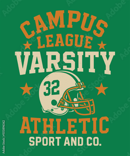 Campus League Varsity Athletic Design – Vintage American Football Helmet Typography Graphic for Sportswear