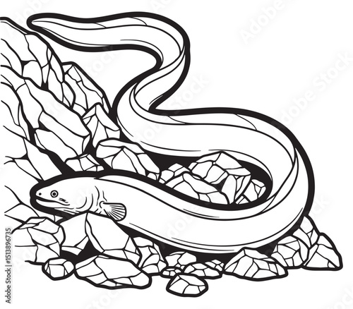 Black and White Illustration of an Eel Among Craggy Rocks