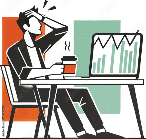 Stressed businessman analyzing financial data on a laptop with coffee at desk illustration