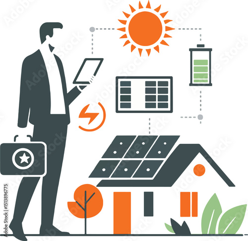 Solar panel energy concept with businessman inspecting power for eco friendly home