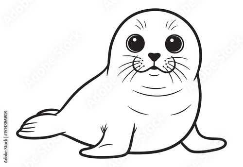 A cute and adorable cartoon baby seal illustration in black and white