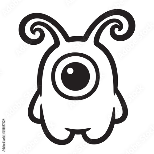 Cartoonish oneeyed alien creature with swirling antennae and black and white coloring