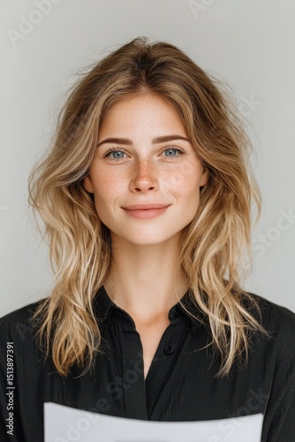 Portrait of a smiling young woman with blonde hair wearing a black shirt