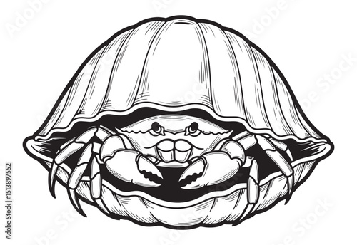 Crab in Shell A Detailed Black and White Illustration of Marine Life