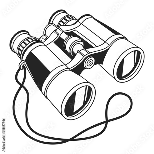 Old black binoculars used for spying and discovery isolated on white background