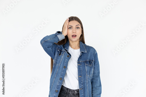 Photo of scared impressed lady wear jeans coat open mouth arm head isolated white color background
