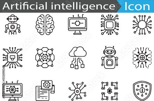 Artificial intelligence AI - minimal thin line web icon set. Outline flat icons collection set vector illustration
