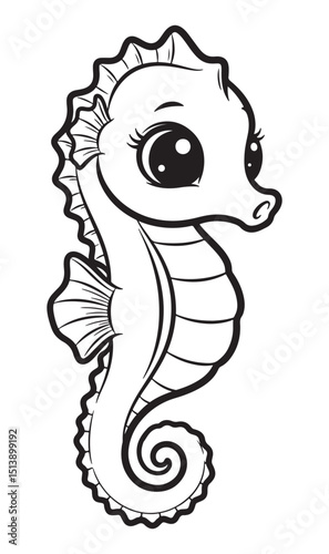 Adorable seahorse illustration with big eyes perfect for a coloring book page