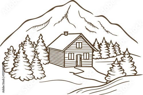 Mountain cabin surrounded by pine trees rustic wooden house in forest landscape, scenic wilderness retreat