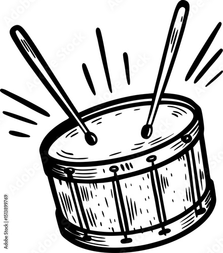 Hand drawn drum illustration with drumsticks percussion instrument, musical element, rhythm concept, black and white art
