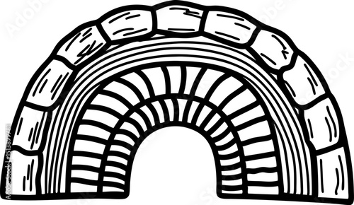Hand drawn stone arch illustration monochrome architectural element, ancient structure, sketch style, abstract design