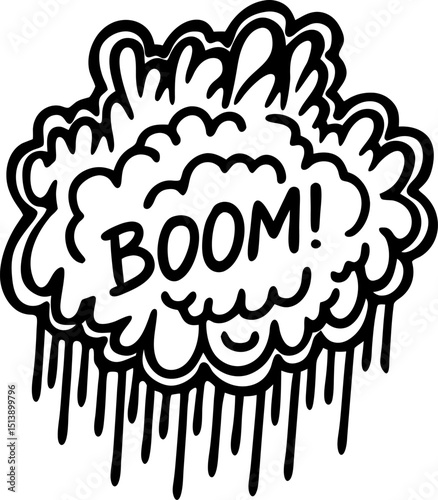 Comic explosion burst with boom text dynamic black and white cloud, energy blast, dramatic impact symbol