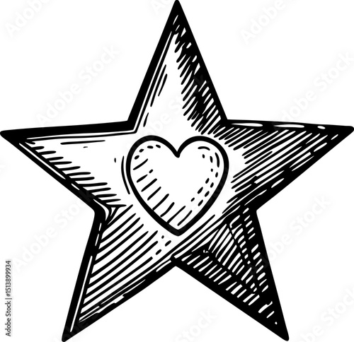 Hand drawn star with heart inside vintage sketch symbol of love, achievement, appreciation, and recognition