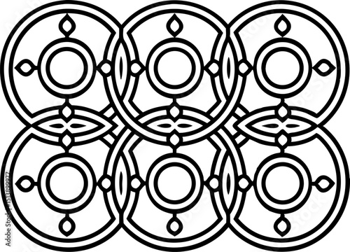 Geometric circular pattern with intersecting lines and symmetry, black and white abstract linear design