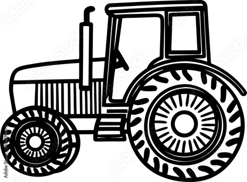 classic tractor illustration, agricultural machinery for farming equipment, rural transportation, black and white outline drawing