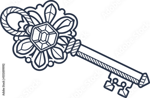 Ornate vintage skeleton key illustration with decorative floral design and gemstone elements, antique object art
