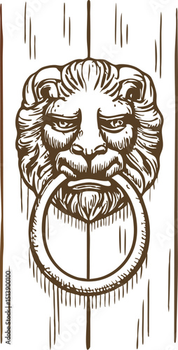 Vintage lion head door knocker illustration classic ornate metal ring handle on wooden surface, antique entrance decor