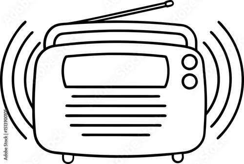 Retro portable radio with antenna and sound waves vintage wireless audio device, classic music and broadcast concept