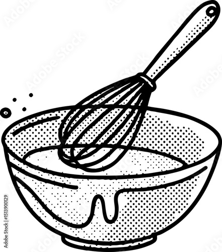 Vintage mixing bowl with whisk hand drawn illustration of kitchen utensil for baking, cooking, ingredient preparation