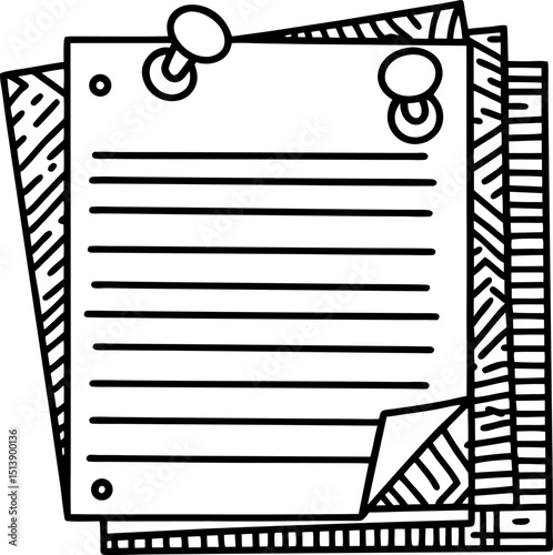Blank notepad pages with paper clips and geometric border simple black outline, lined writing paper illustration