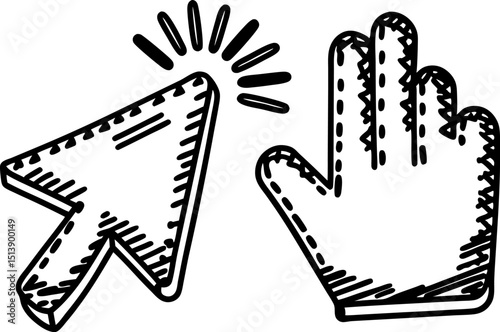 Pointer arrow and open hand icon, sketch mouse click symbol, digital interaction, web user interface