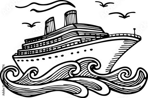 luxury cruise ship sailing on ocean waves elegant liner with smokestacks, birds flying, nautical adventure illustration